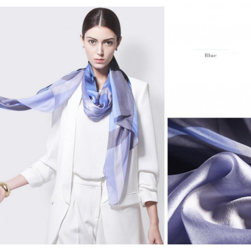 Pure Silk Scarf Blue Plaid Women Summer Scarf